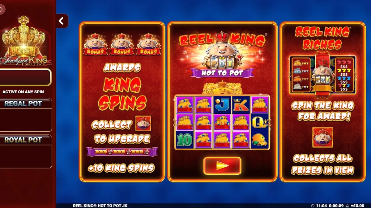 Reel King Hot to Pot slot machine interface na may mga gintong korona at prutas